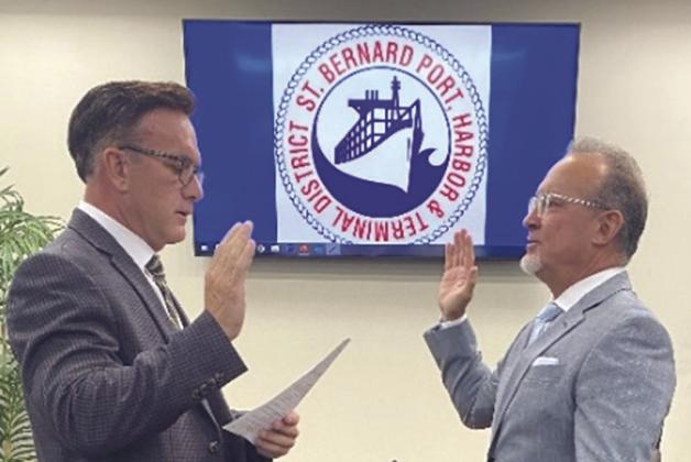 Perry M. Nicosia, St. Bernard Parish’s District Attorney, administers the Oath of Office to Ronald Alonzo Jr., now the port’s Secretary in its Board of Commissioners.
