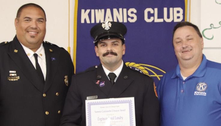 Pictured, from left: St. Bernard Fire Chief Earl Borden, SBFD Engineer Jared Landry, and Kiwanis Program Director Ellis Fortinberry